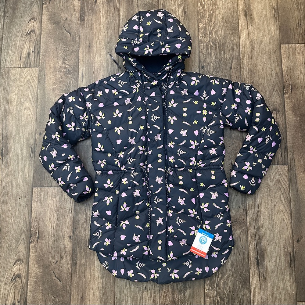 Columbia Icy Heights Down Adjustable Jacket Women’s Size S Black Floral New